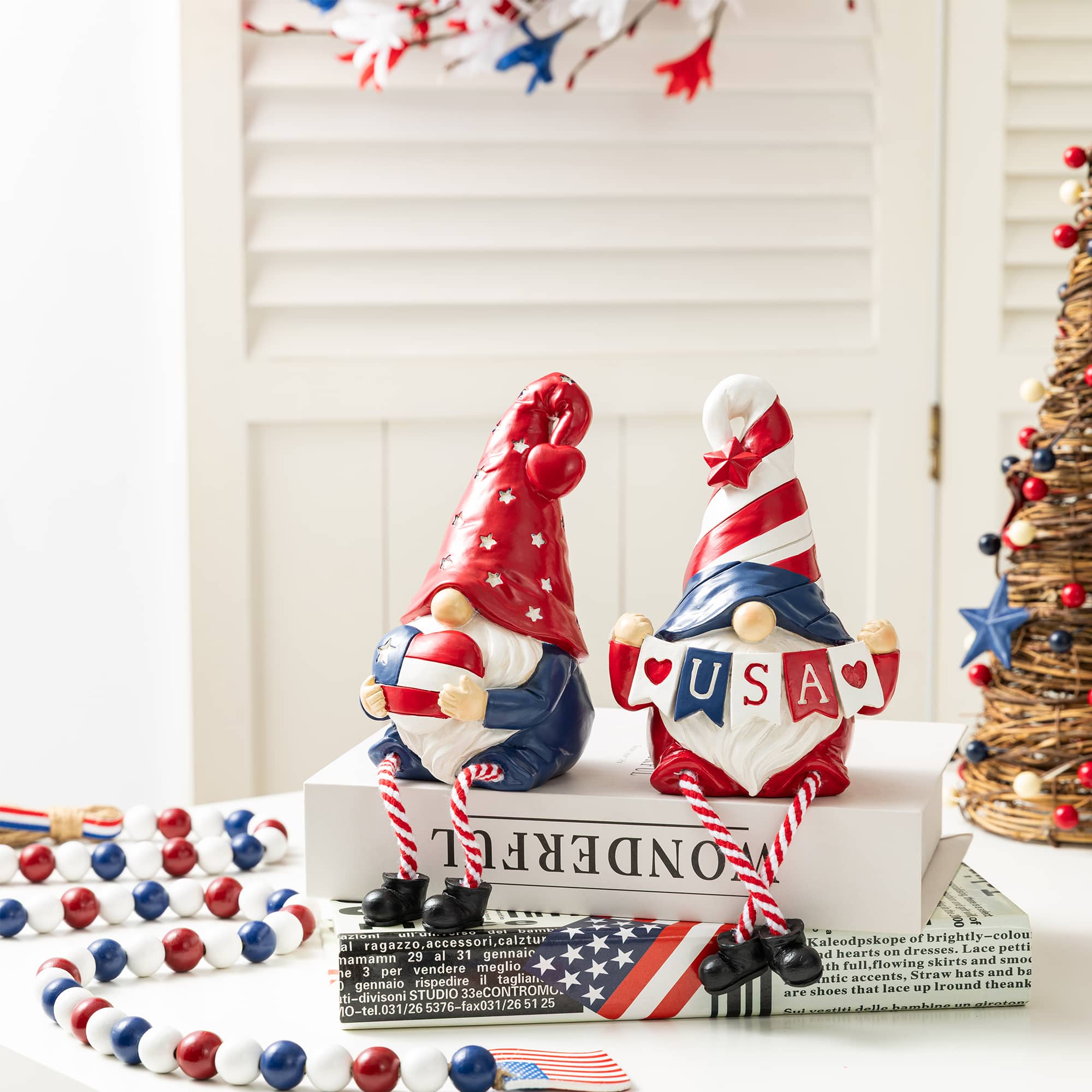 Glitzhome® Set of 2 Patriotic Americana Polyresin Gnomes with Dangling Legs Table Decor